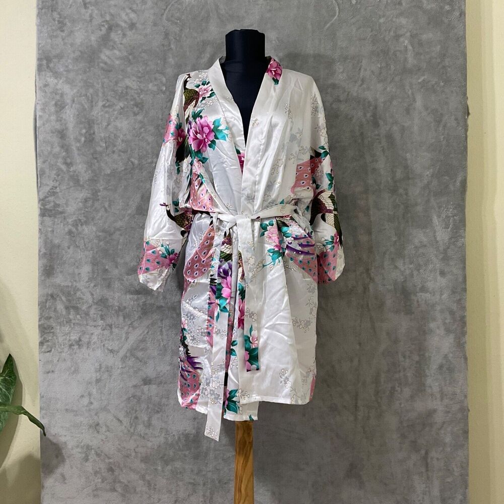 Satin Belted Kimono Robe Bird Floral Asian Inspired women’s One Size